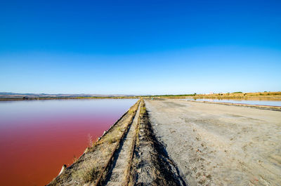 Scenic view of lake against clear blue sky