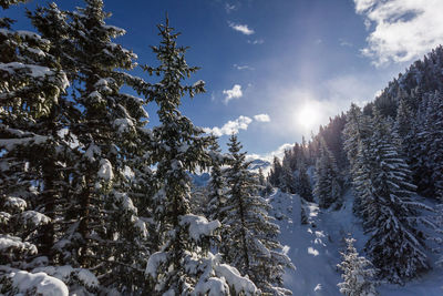 Low angle view of snowcapped mountains against sky