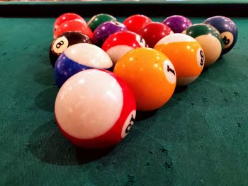 High angle view of multi colored balls on table