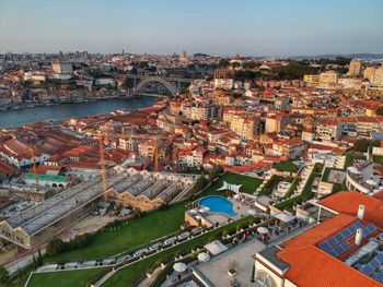 High angle view of cityscape during sunset