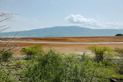 Scenic view of lake natron against sky on a sunny day in rural tanzania