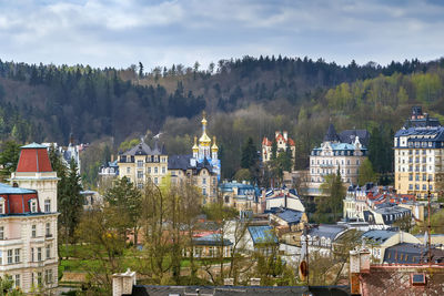 View of historical center of karlovy vary from hill, czech republic