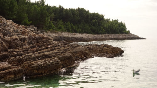 Scenic view of rocks by sea against sky