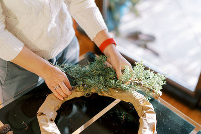 Midsection of man holding plant