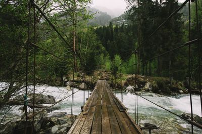 Footbridge over river against trees