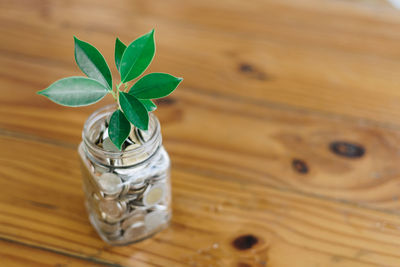 High angle view of glass jar on table