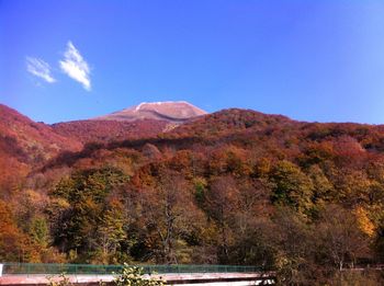 Scenic view of mountains against clear blue sky