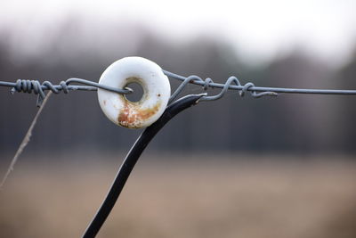 Close-up of barbed wire fence against sky