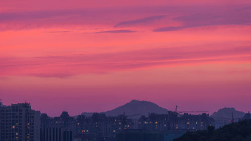 Silhouette buildings against dramatic sky during sunset