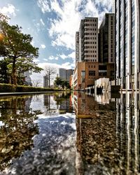 Reflection of buildings in puddle on lake