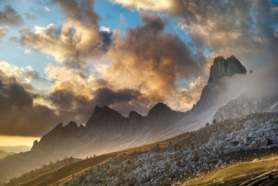 Scenic view of mountains against sky during sunset