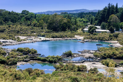 Scenic view of lake by trees against sky