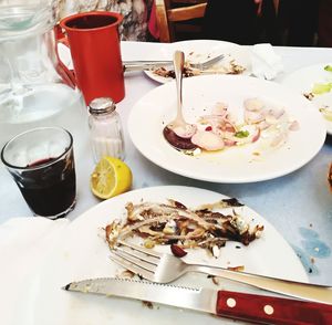 High angle view of food served on table