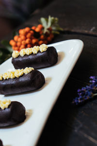 High angle view of dessert in plate on table