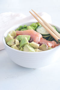 High angle view of salad in bowl on table