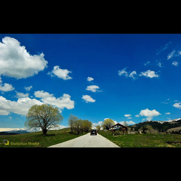 sky, transfer print, blue, tree, the way forward, cloud, cloud - sky, transportation, road, landscape, field, built structure, auto post production filter, grass, diminishing perspective, sunlight, architecture, nature, tranquility, day