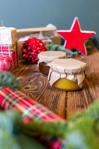 Close-up of christmas decorations on table