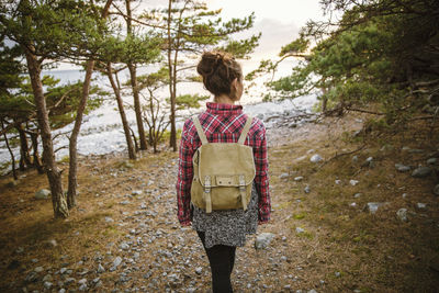 Rear view of hiker walking in forest