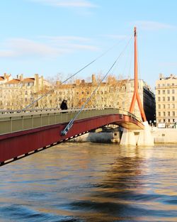 View of suspension bridge over river