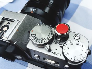 High angle view of camera on table