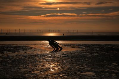 Silhouette person on beach against sky during sunset