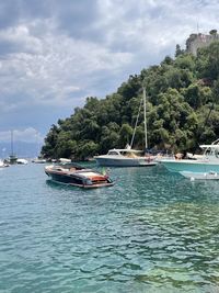 Sailboats moored on sea against sky