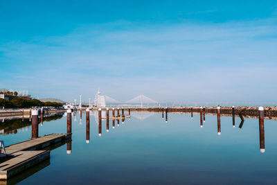 Pier over lake against blue sky