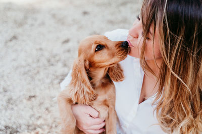 Woman with dog at park