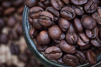 High angle view of coffee beans in container