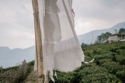 Close-up of textile on farm against cloudy sky