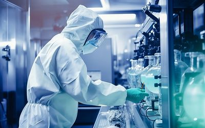 Midsection of female doctor examining chemical in laboratory