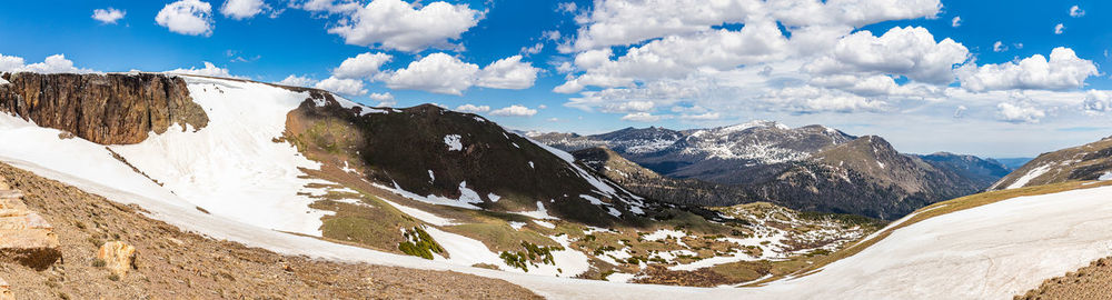 Panoramic view of snowcapped mountains against sky