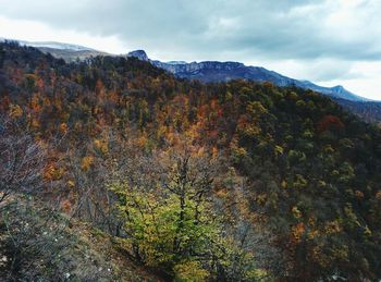 Scenic view of mountains against cloudy sky