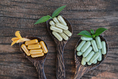 High angle view of fruits and leaves on table