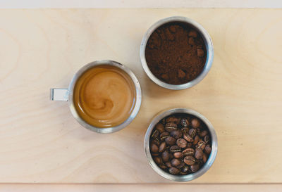 High angle view of coffee cup on table