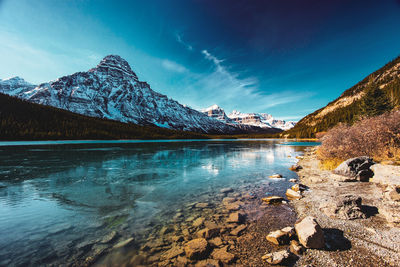 Scenic view of lake by snowcapped mountains against sky