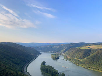 High angle view of river amidst landscape against sky