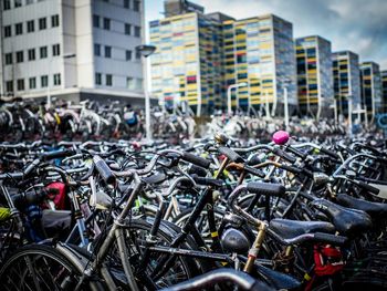 High angle view of bicycle parked in city