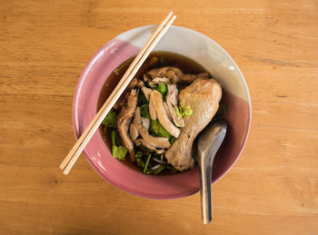 High angle view of meat in bowl on table