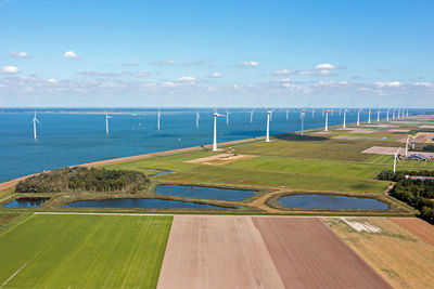 Aerial from wind turbines in the ijsselmeer in friesland in the netherlands