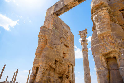 Low angle view of old ruin building against sky