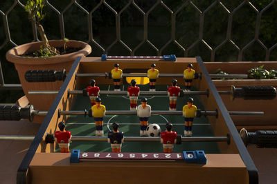 Hige angle view of a foosball table