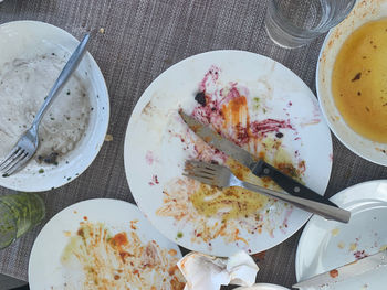 High angle view of breakfast served on table