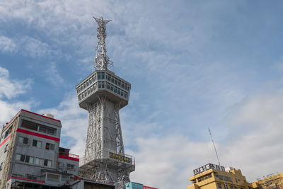 Asahi tower against blue sky in morning. this tv tower becomes famous landmark of the city