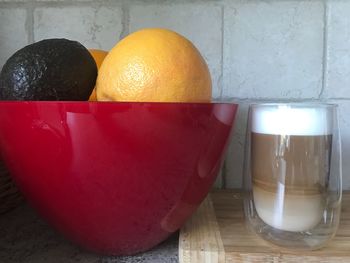 Close-up of fruits in glass on table