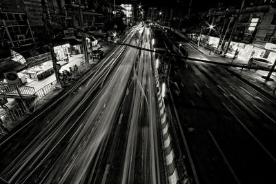 High angle view of light trail on highway