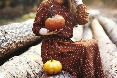 Midsection of woman sitting with pumpkins on log in forest