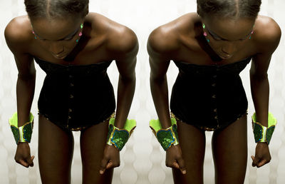Multiple image of young woman in corset