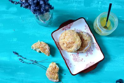 High angle view of breakfast on blue table