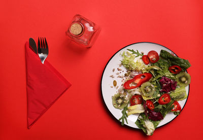 High angle view of meal served on table